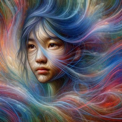 The primary subject of the image is a young girl with long hair, who appears to be looking at the viewer. She is surrounded by a vibrant and colorful background, which includes a mix of blue, red, and purple hues. The visual style of the image is a combination of digital art and illustration, creating a unique and artistic representation of the girl. The overall atmosphere of the image is lively and engaging, capturing the viewer's attention with its vivid colors and intriguing composition